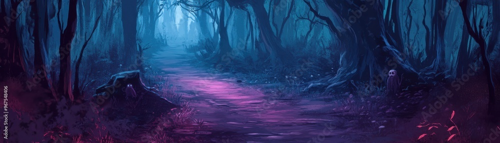 A mysterious forest path illuminated by ethereal blue and pink lights, creating an enchanting and dreamlike atmosphere. A mysterious forest path illuminated by ethereal blue and pink lights, creating an enchanting and dreamlike atmosphere.