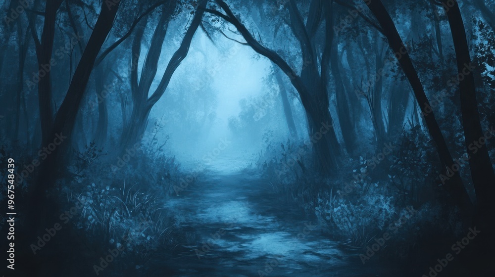 A mysterious forest path shrouded in blue mist, evoking a sense of wonder and enchantment in a tranquil, shadowy atmosphere. A mysterious forest path shrouded in blue mist, evoking a sense of wonder and enchantment in a tranquil, shadowy atmosphere.