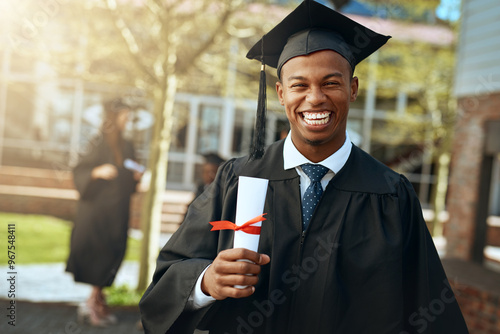 Obraz na plátne Portrait, happy and man with certificate for graduation, knowledge or excited for new opportunity