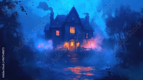 A mysterious, atmospheric house shrouded in fog and illuminated by warm lights, perfect for haunting or eerie themes.