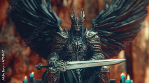 detailed figurine or statue of a fantasy armored character with wings, holding a sword. photo