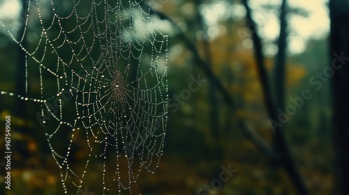 Dewy Spider Web in Autumn Forest