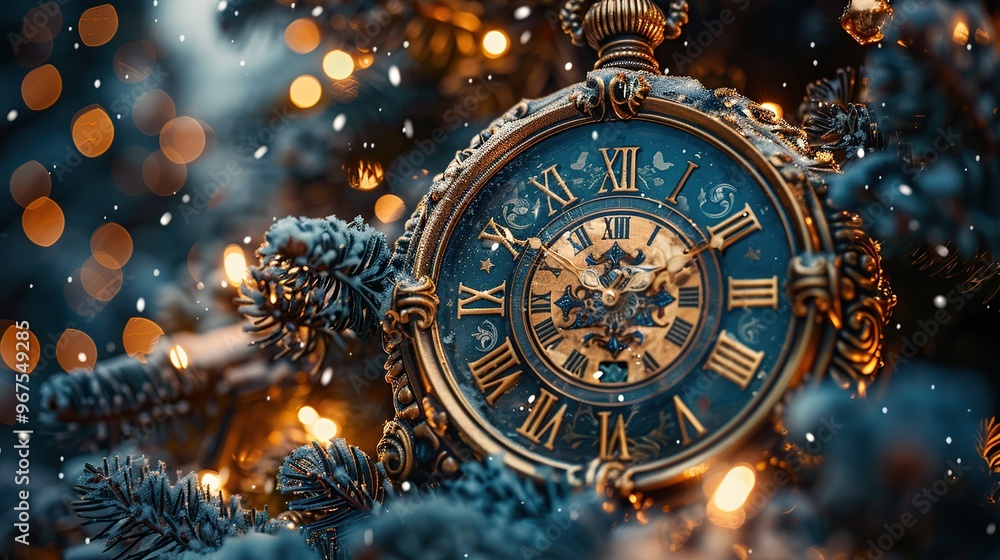 A clock striking midnight, signaling the arrival of 2025, surrounded by sparkling decorations. Capture the magical moment of the New Year A clock striking midnight, signaling the arrival of 2025, surrounded by sparkling decorations. Capture the magical moment of the New Year