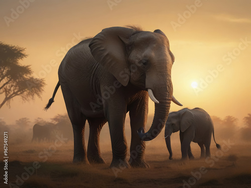 A mother elephant and Calf at Dawn at sunset in a serene African landscape.