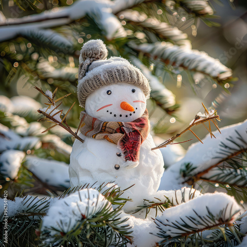 Small snowman sits on the branches of a Christmas tree