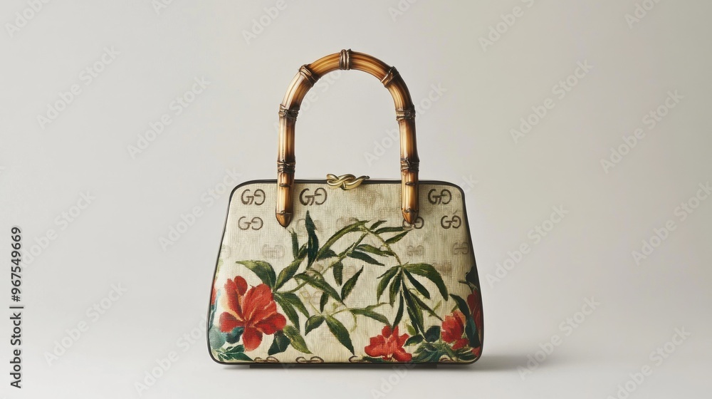 Floral Printed Handbag with Bamboo Handle Floral Printed Handbag with Bamboo Handle
