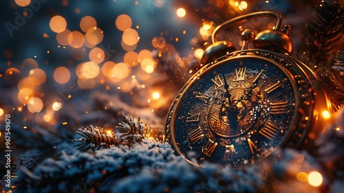 A clock striking midnight, signaling the arrival of 2025, surrounded by sparkling decorations. Capture the magical moment of the New Year