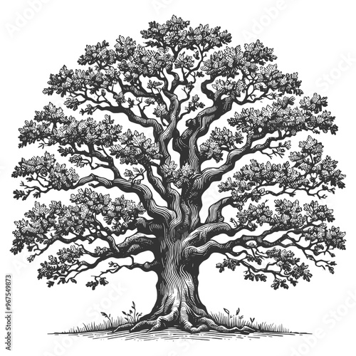 Oak ancient, sprawling tree with a vast network of roots and a lush canopy sketch engraving generative ai fictional character vector illustration. Scratch board imitation. Black and white image.