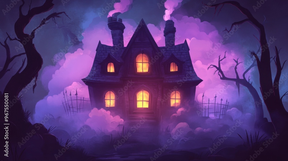 A mysterious haunted house surrounded by fog and eerie trees, illuminated by glowing windows in a dark atmosphere. A mysterious haunted house surrounded by fog and eerie trees, illuminated by glowing windows in a dark atmosphere.