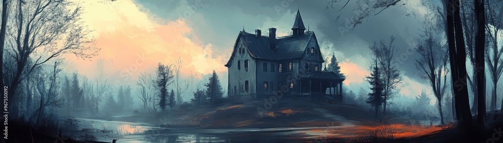 Fototapeta premium A mysterious haunted house silhouette surrounded by foggy trees and a tranquil lake, evoking a sense of eerie tranquility.