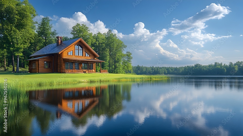 Peaceful Log Cabin Reflected in Tranquil Lake Surrounded by Lush Forest Peaceful Log Cabin Reflected in Tranquil Lake Surrounded by Lush Forest