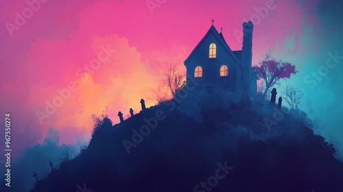 A mysterious house on a hill, amidst a colorful twilight sky, evokes a sense of intrigue and eerie beauty.