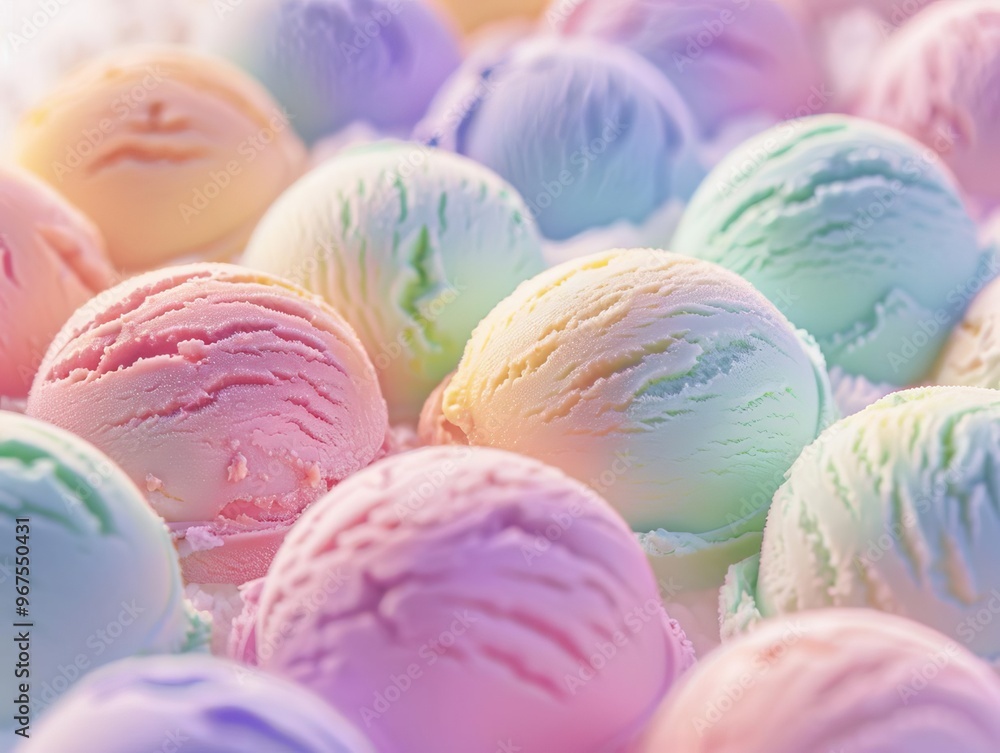 35 Round ice cream scoops, pastel tones, macro shot, bright and vibrant setting 35 Round ice cream scoops, pastel tones, macro shot, bright and vibrant setting