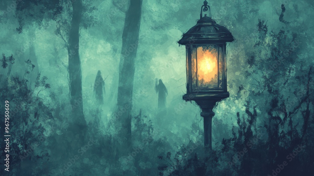 A mysterious lantern illuminates a foggy forest, creating an eerie atmosphere with shadowy figures in the background. A mysterious lantern illuminates a foggy forest, creating an eerie atmosphere with shadowy figures in the background.