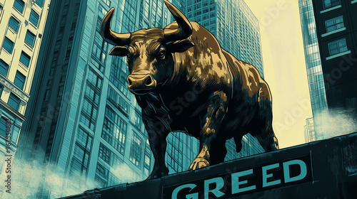 bull statue in front of financial scyscraper buildings. symbolizing increasing economy "bull run". greed index increased. illustration for crypto bitcoin gold stock market chart