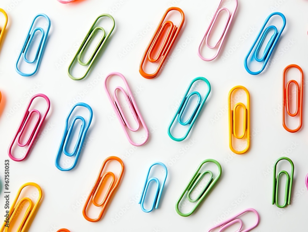 a whole view of multiple colored paper clips arranged on isolated white background, view from above, editorial photography a whole view of multiple colored paper clips arranged on isolated white background, view from above, editorial photography