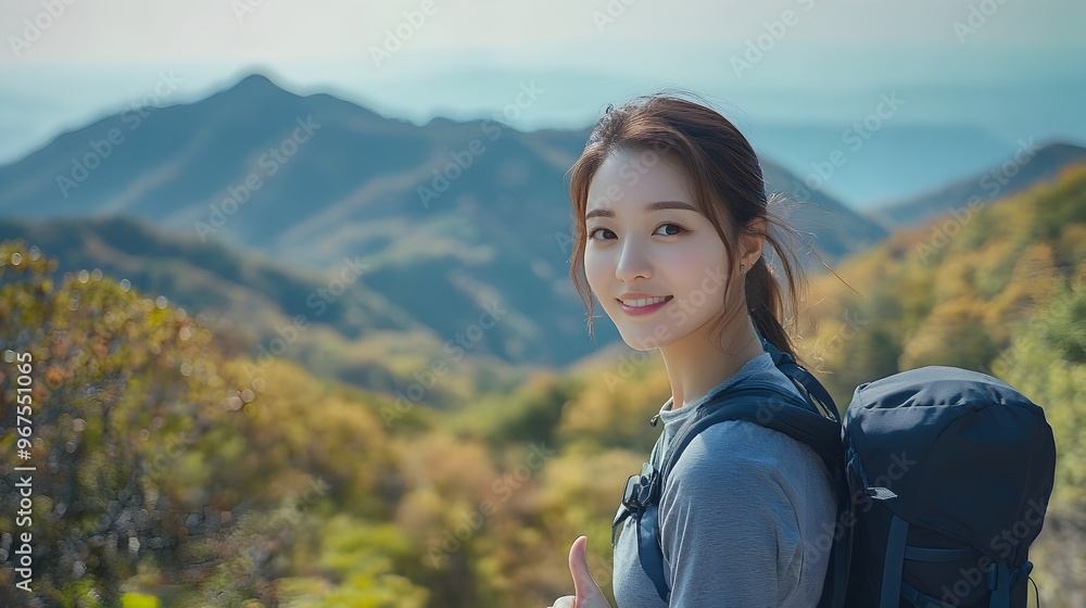 Joyful Woman Hiking in Scenic Autumn Mountain Landscape with Backpack Joyful Woman Hiking in Scenic Autumn Mountain Landscape with Backpack