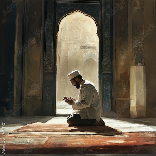 A person is engaged in prayer inside an atmospheric mosque