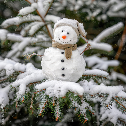 Small snowman sits on the branches of a Christmas tree