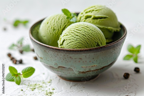 Matcha green tea ice cream in a bowl