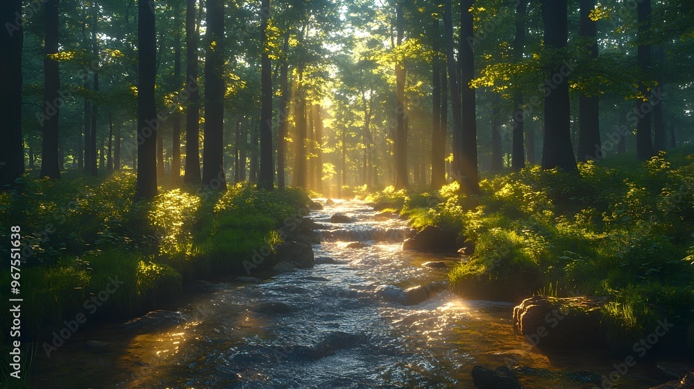 Fototapeta premium Enchanting Forest Pathway with Sunlight Cascading Through the Lush Greenery