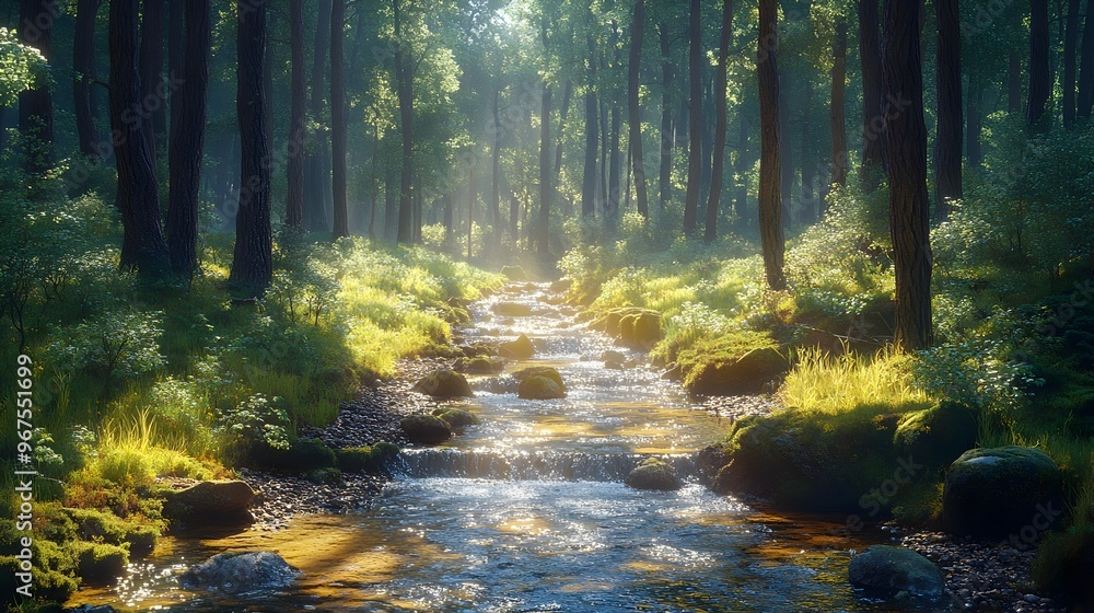 Fototapeta premium Enchanting Forest Stream with Mossy Rocks and Sunlit Foliage