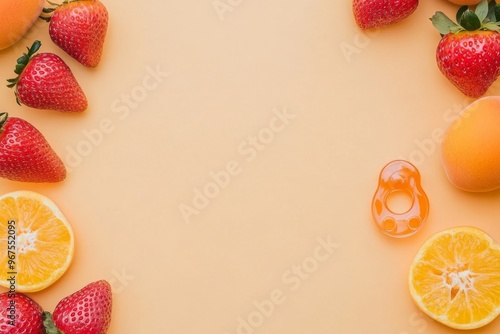 Colorful background with apricots and strawberries for a baby nibbler photo