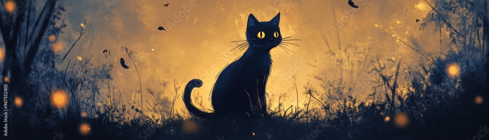 A mystical black cat sits in a twilight scene filled with glowing fireflies, creating an enchanting atmosphere in nature. A mystical black cat sits in a twilight scene filled with glowing fireflies, creating an enchanting atmosphere in nature.
