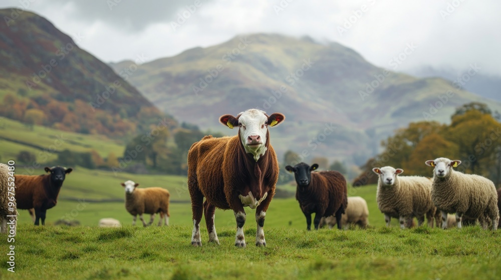 A Cow Looking Over a Herd of Sheep in a Scenic Landscape A Cow Looking Over a Herd of Sheep in a Scenic Landscape