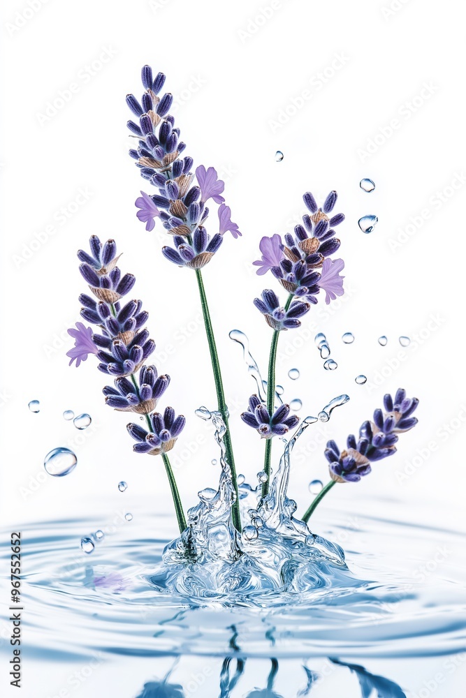 Lavender flowers splashing into water creating ripples Lavender flowers splashing into water creating ripples