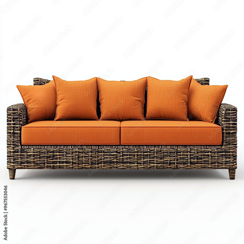 Fototapeta premium On a transparent background, a rattan sofa with pillows is surrounded by orange pillows
