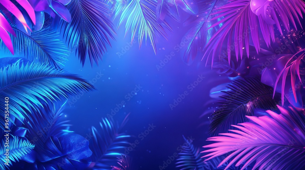 Neon blue and purple tropical design with palm leaves and 3D letters. Summer night scene illustration. Neon blue and purple tropical design with palm leaves and 3D letters. Summer night scene illustration.