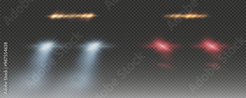 Realistic car headlights. Train moving effect, vector bright lights on transparent background png.	
