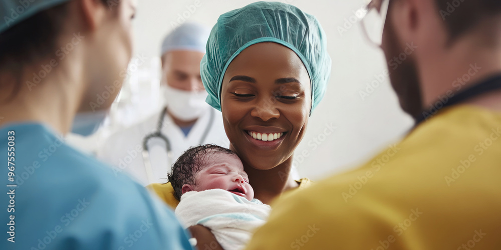 Happy mother is filled with joy as she holds her newborn baby for the first time, surrounded by medical professionals in the hospital room Happy mother is filled with joy as she holds her newborn baby for the first time, surrounded by medical professionals in the hospital room