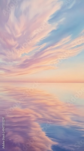 pastel sunset over calm ocean reflecting clouds