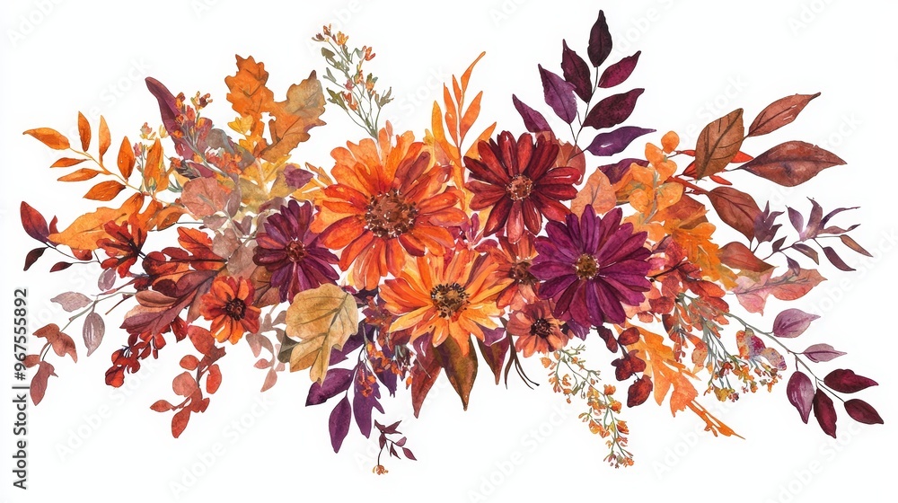 Obraz premium An autumn theme wedding bouquet with a watercolor effect. Beautiful fall floral background. Warm beige, orange, red, burgundy, gold, brown, and rust. AI illustration.