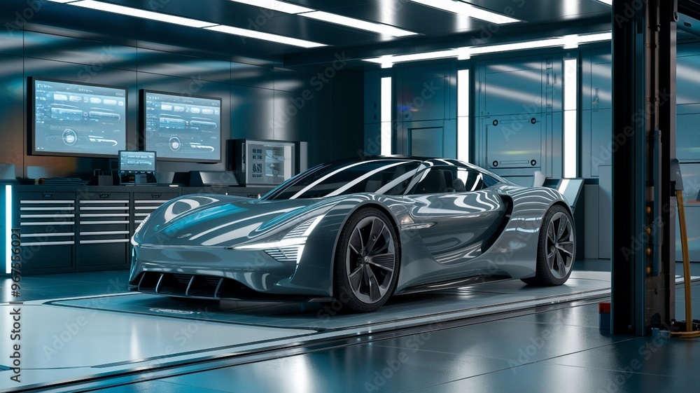 Fototapeta premium Futuristic Electric Car in a High-Tech Garage