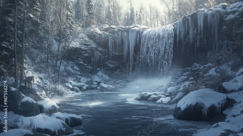 A frozen waterfall surrounded by icicles and snow-covered rocks in a serene winter forest.