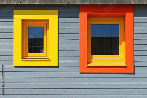 A factory office building exterior exterior exterior facade has blue walls and windows with blue sky backgrounds and blank copy space