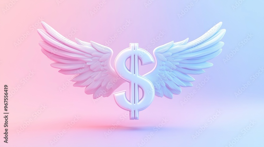 Fototapeta premium Dollar Symbol with Wings on Pastel Gradient Background