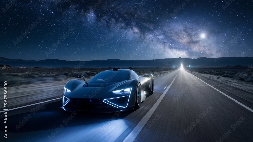 Naklejka premium Futuristic car driving on an empty highway under starry night sky