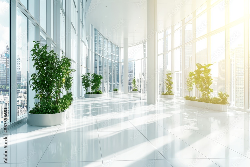 Fototapeta premium An eco-friendly, green and modern interior concept fills the spacious, airy rooms. The rooms are designed with a biophilic design in a minimalist, white interior with plants. Views of the city can be