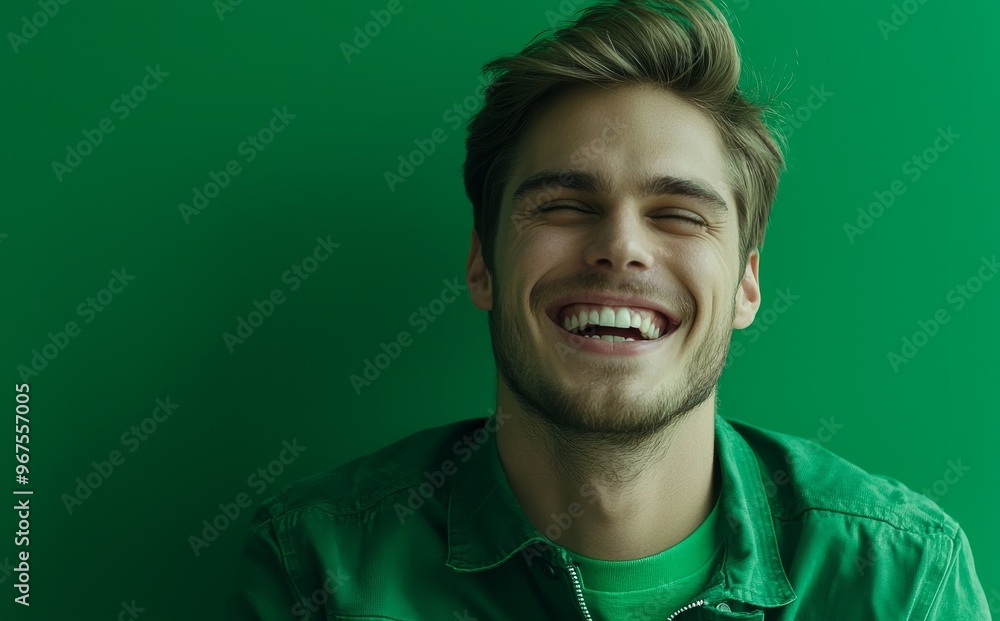 It was created using generative AI technology by an ultra handsome man wearing bright clothes, smiling and laughing. Background is bright solid green. It was created using generative AI technology by an ultra handsome man wearing bright clothes, smiling and laughing. Background is bright solid green.