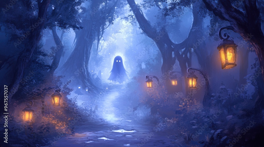 Fototapeta premium A mystical forest shrouded in blue mist, illuminated by glowing lanterns, evoking a sense of wonder and mystery.