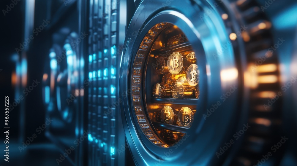 A futuristic bank vault filled with glowing digital coins, representing the secure storage A futuristic bank vault filled with glowing digital coins, representing the secure storage