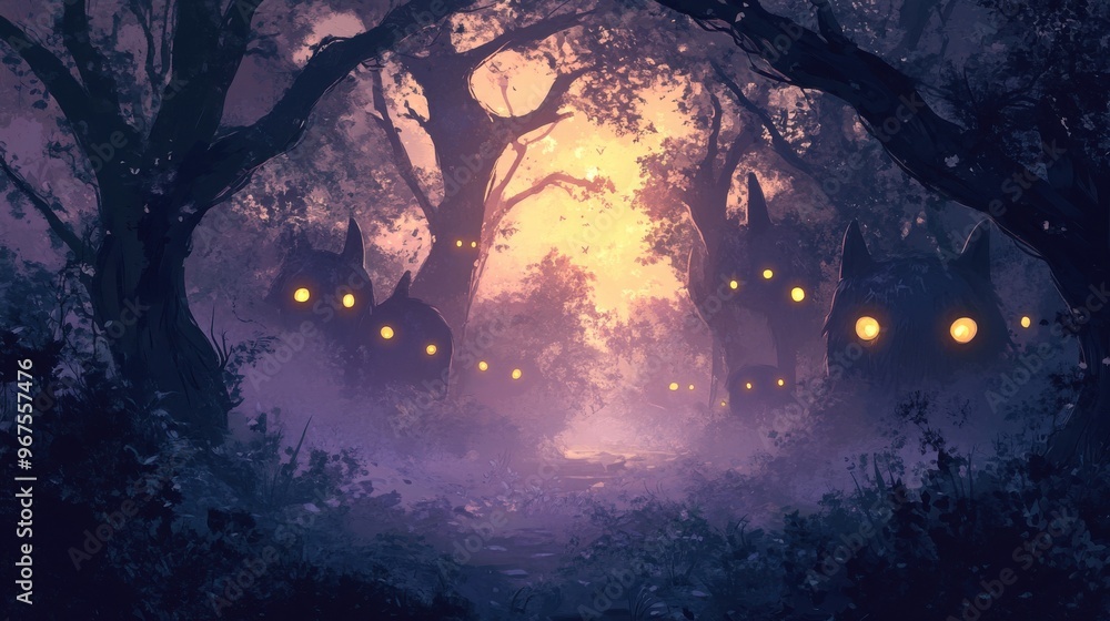 A mystical forest with glowing eyes peeking through the trees, creating an enchanting and eerie atmosphere at twilight. A mystical forest with glowing eyes peeking through the trees, creating an enchanting and eerie atmosphere at twilight.