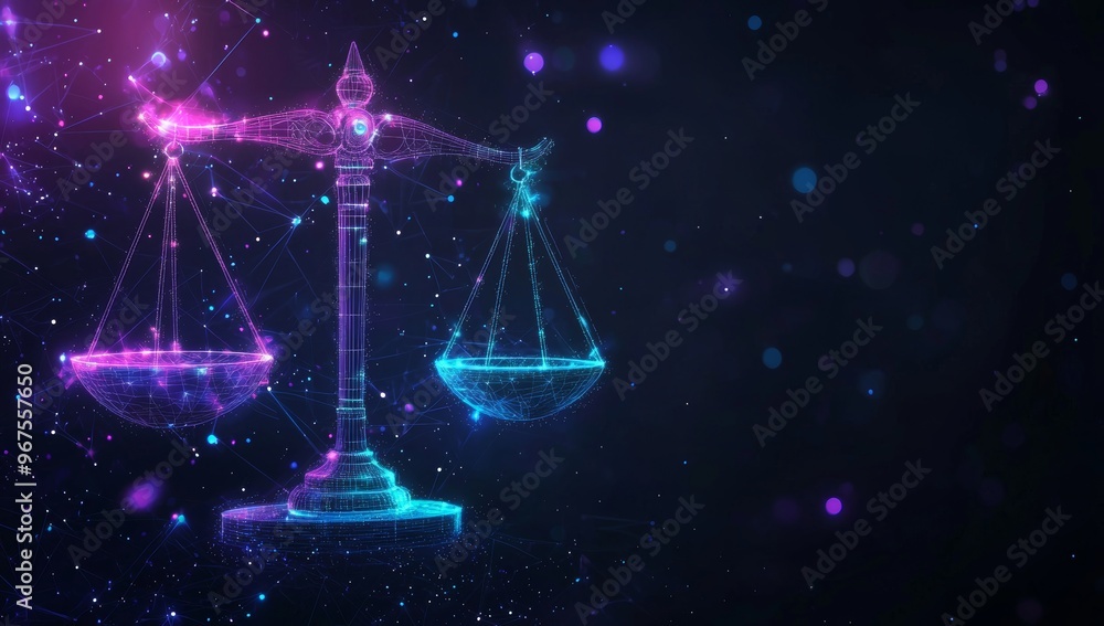 Graphical representation of the duality of the Judiciary, Jurisprudence, and Justice in the modern world on the background of a data center. Ai-generated imagery. Graphical representation of the duality of the Judiciary, Jurisprudence, and Justice in the modern world on the background of a data center. Ai-generated imagery.