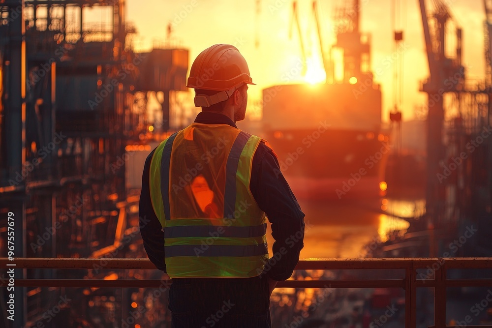 A view of the building as seen from the back of the construction engineer in standard safety