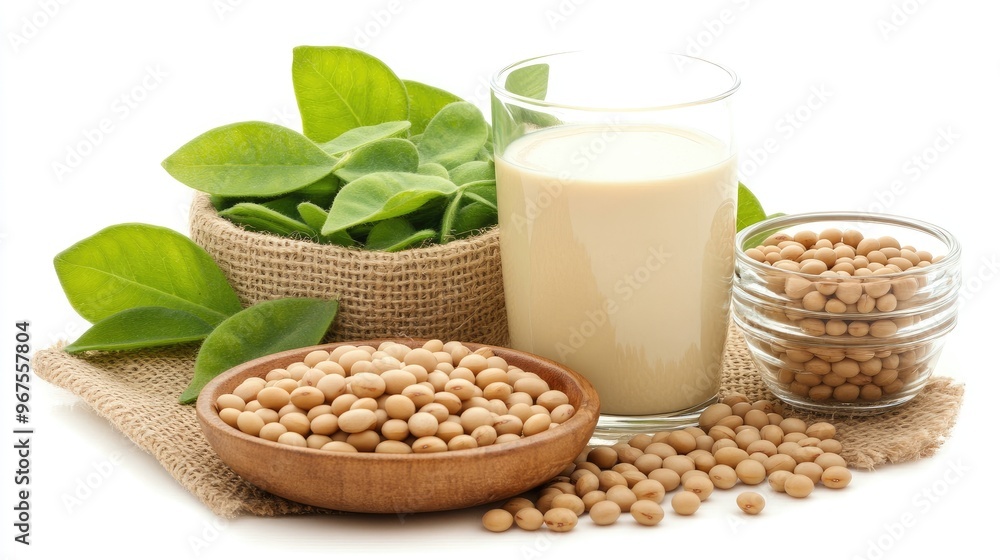 A glass bottle of soy milk sits beside a glass cup filled with soy milk, accompanied by soy beans on burlap, all arranged on a wooden plate against a bright background