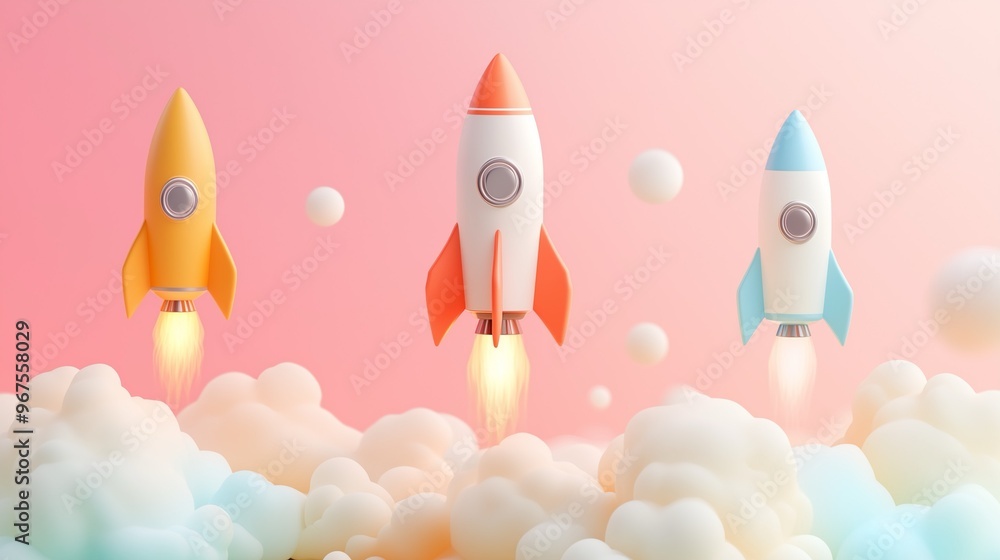 Three Colorful Rockets Launching in Cloudy Sky Three Colorful Rockets Launching in Cloudy Sky